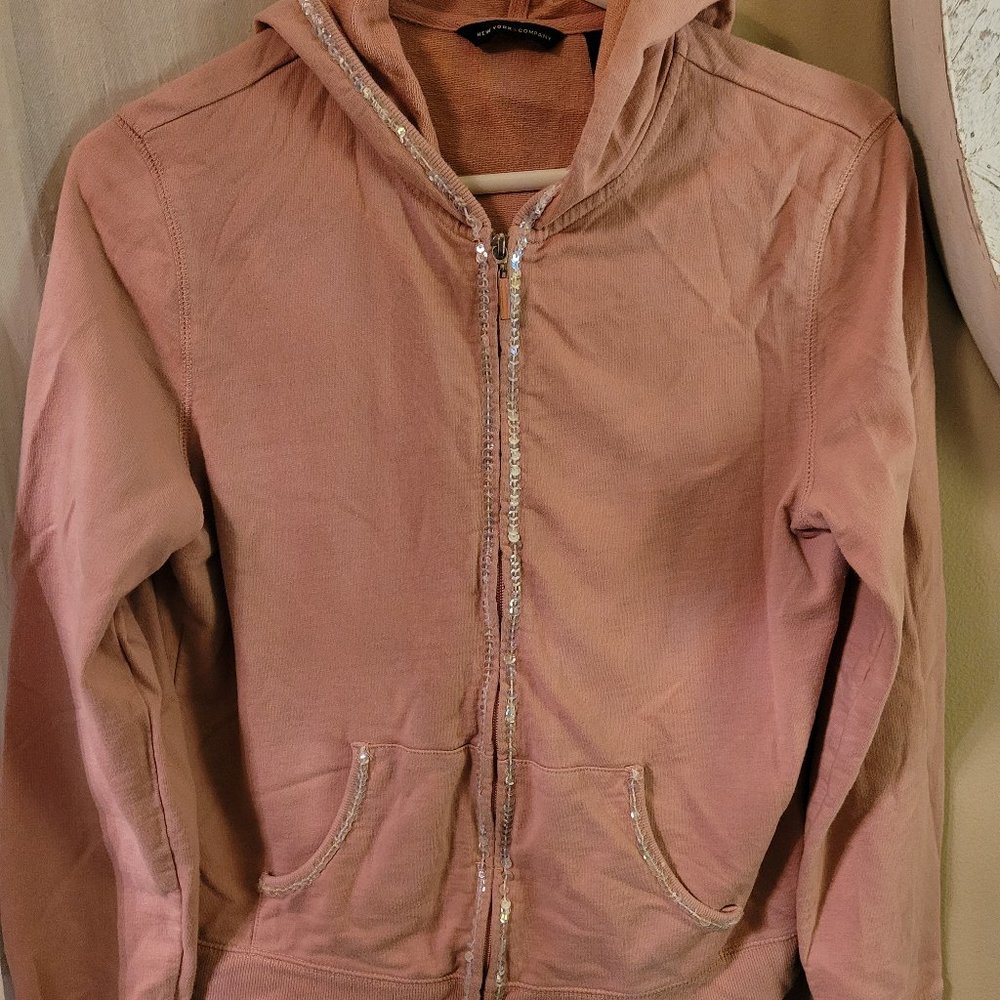 New York & Company | Pink Sequin Zip Up Hoodie